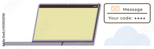 Laptop with blank screen and security message displaying authentication code. Ideal for cybersecurity, privacy, tech innovation, online security, digital communication, data protection, simple flat
