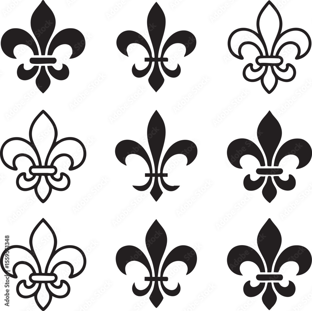 Fototapeta premium Collection of nine black fleur de lis symbols in a three by three grid on a white background