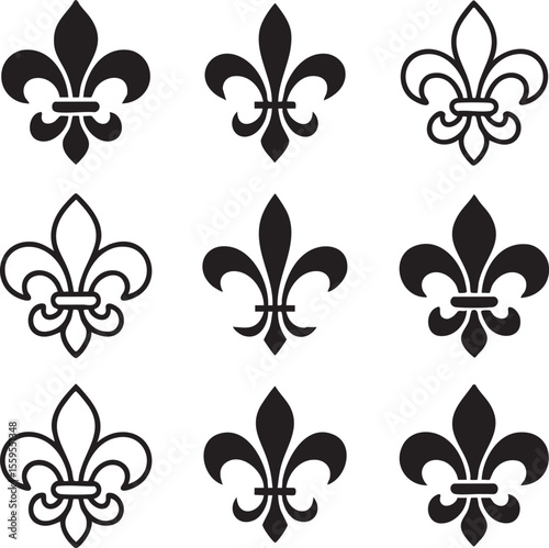 Collection of nine black fleur de lis symbols in a three by three grid on a white background