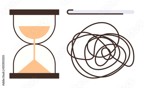 Hourglass with sand, tangled thread, and sewing needle conveying concepts of patience, time management, and finding solutions. Ideal for productivity, challenges, focus, strategy navigation