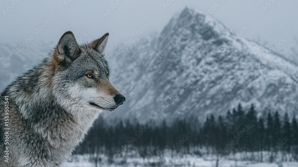 Obraz premium Gray wolf in snowy mountain landscape.