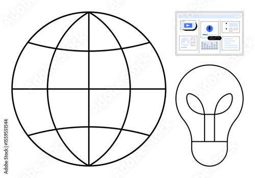 Globe grid with light bulb symbolizing innovation and global ideas, accompanied by a digital interface featuring data. Ideal for technology, analytics, creativity, education, business, networking