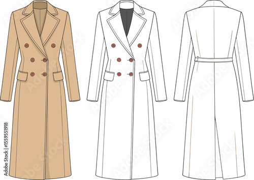 Elegant women's long trench coat flat sketch, double breasted fashion design, tailored outerwear template, detailed technical clothing vector illustration

 flat vector illustration