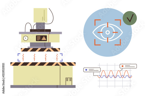 Automated machine, eye scanning target, graph data output. Ideal for technology, innovation, automation, surveillance, industry data science precision. Represents modern tech in simple flat