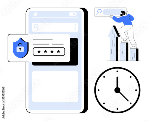 Mobile interface with security shield, password popup, person exploring bar graphs, and clock. Ideal for digital security, productivity, time management, data analysis, user experience technology