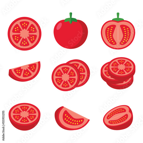 Fresh Tomato Slice Vector Set – Healthy Fruit Icon for Food, Nutrition, and Cooking Design
