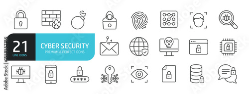 Set of line icons related to cyber security, protection, access, safety. Outline icons collection. Editable stroke. Vector illustration
