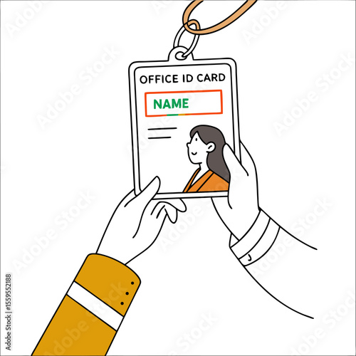 Close up of two hands holding up an office identification card with a photo of a smiling woman and the word name clearly visible