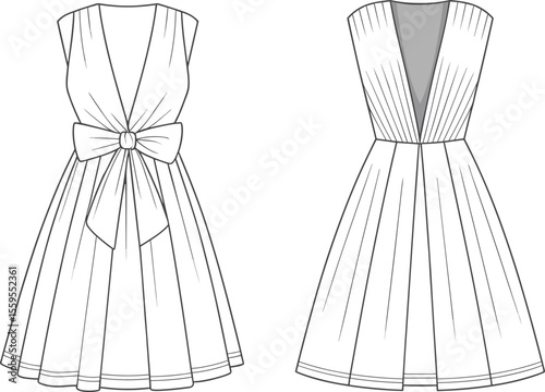 Fashion flat sketch of sleeveless A-line dress with deep V-neck, front bow tie, pleats, vector clothing design template

 flat vector illustration
