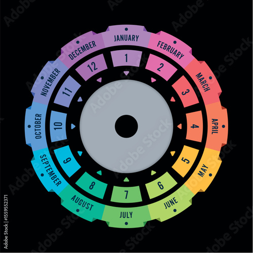 twelve slices of month names. month names around colored circle. twelve options round month names. twelve month concept for agenda, calendar, annual report