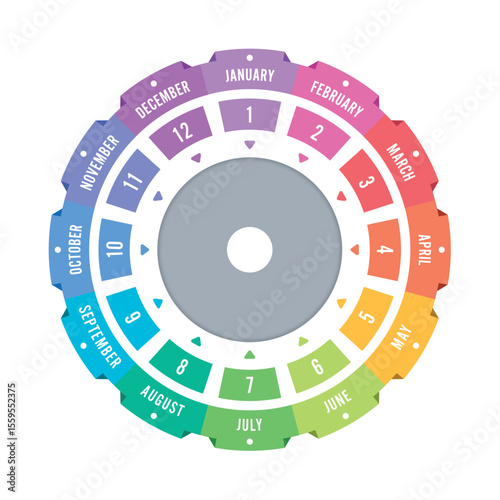 twelve slices month names. month names around colored circle. twelve steps round month names. twelve months concept for agenda, calendar, annual report
