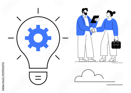Large light bulb with gear inside symbolizing innovation. Two colleagues shaking hands in agreement. Ideal for partnership, team collaboration, innovation, business solutions, strategy, teamwork