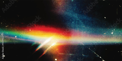 Vector seamless pattern, Crystal rainbow light leaks photo overlay background with lens flare effect, scratches dust dirty film grain texture with heavy noise, grunge texture, distressed damaged film