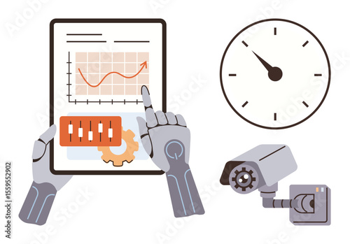 Robotic hands operate tablet analyzing data with charts and controls. Clock represents time, security camera highlights monitoring. Ideal for AI, automation, data analysis, robotics, security