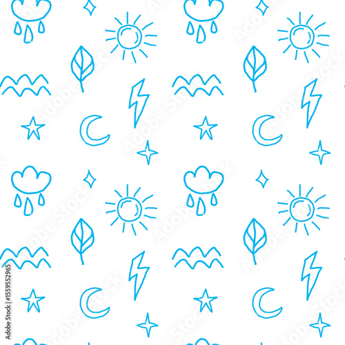 Seamless vector pattern featuring hand-drawn blue doodle icons on a white background: leaf, cloud, moon, sun, stars, and waves. Calm and airy design with a minimal sketchy style