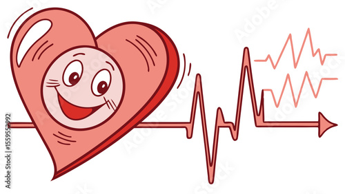 A cheerful cartoon heart character is depicted with a happy face connected to a vibrant electrocardiogram line representing a healthy heartbeat and medical rhythm