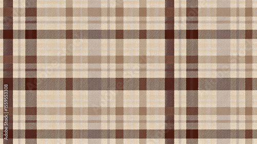 A simple yet intricate plaid design featuring bold dark brown vertical and horizontal lines forming a grid, filled with small light brown and beige rectangles. Textured like fabric, with warm and neut