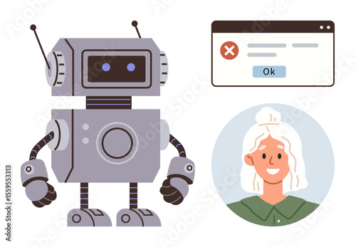Robot with antenna stands near error dialog box with Ok button and smiling woman avatar. Ideal for technology, AI, robotics, user interaction, automation, problem-solving, teamwork. Simple flat