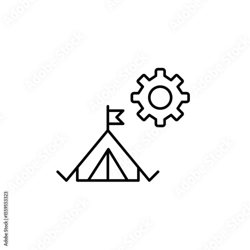 Camping tent and cogwheel. Outdoor gear settings, campsite management, equipment configuration, adventure planning tools, camping system control. Pixel perfect, editable stroke vector icon