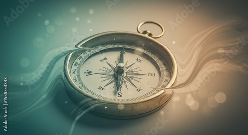 Vintage brass compass, swirling water background; nostalgic, adventurous mood; navigational guidance concept.