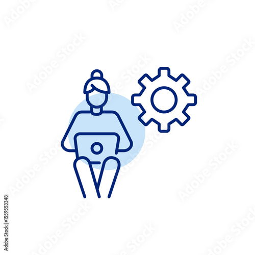 Woman sitting working or studying at laptop and cogwheel. Account management, workflow optimization, admin control panel, digital workspace settings, user interface customization. Pixel perfect, edita
