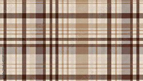A simple yet intricate plaid design featuring bold dark brown vertical and horizontal lines forming a grid, filled with small light brown and beige rectangles. Textured like fabric, with warm and neut