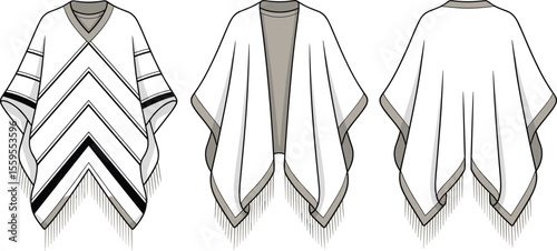 Flat sketch of women’s poncho with chevron pattern, fringe hem, layered neckline, fashion technical drawing, front back side view

 flat vector illustration