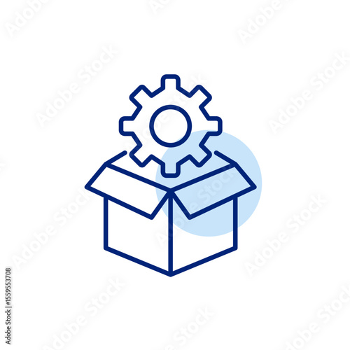 Cogwheel and open parcel box. Shipping settings, logistics management, delivery configuration, package tracking system, order fulfillment control. Pixel perfect, editable stroke vector icon