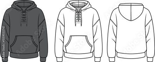 Lace up hoodie front and back technical sketch, fashion design template, unisex pullover hooded sweatshirt with pocket and drawstring detail

 flat vector illustration