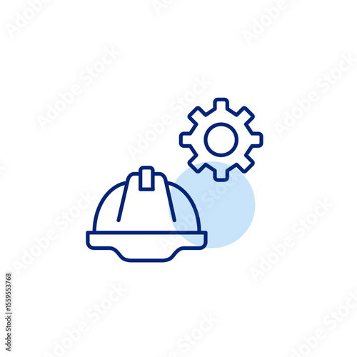 Construction hard hat and cogwheel. Technical operations, system supervision, safety configuration, engineering control, maintenance management. Pixel perfect, editable stroke vector icon