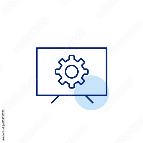 Cogwheel on TV set. Tv settings, device configuration, channel management, smart tv controls, display optimization. Pixel perfect, editable stroke vector icon
