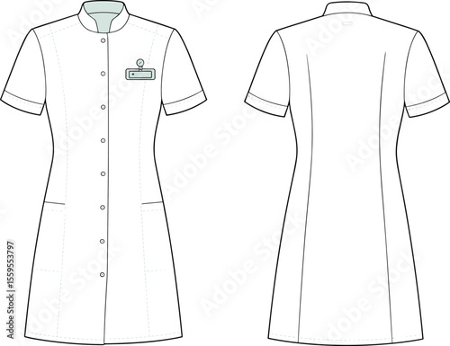 Medical uniform dress technical sketch front and back view, short sleeve buttoned design with pockets, healthcare apparel template illustration vector

 flat vector illustration