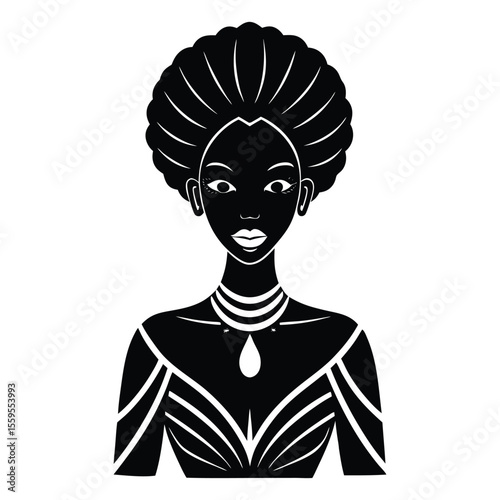 African black woman silhouette with natural curly hair, elegant pose, and graceful lines, symbolizing beauty, pride, and strength against a clean background.
