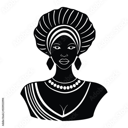 African black woman silhouette with natural curly hair, elegant pose, and graceful lines, symbolizing beauty, pride, and strength against a clean background.
