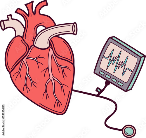 Stylized illustration of a human heart connected to a medical monitor displaying a healthy electrocardiogram heartbeat rhythm on a white background
