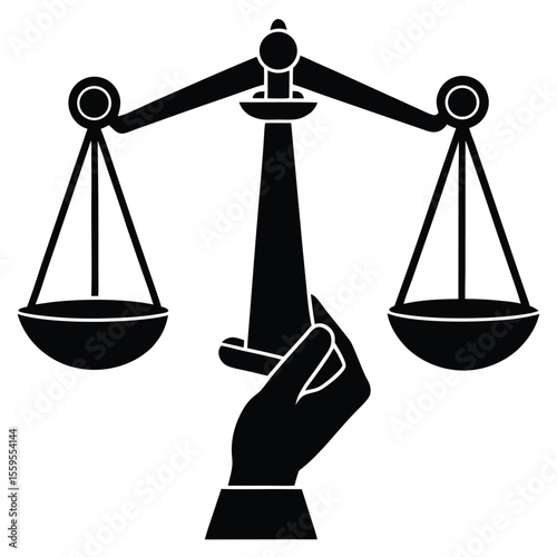 Silhouette of a hand holding balanced scales with money bags on each side, symbolizing financial justice, balance, and fair wealth distribution.
