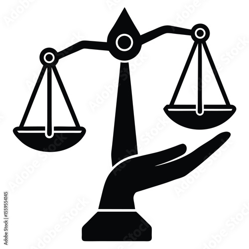 Silhouette of a hand holding balanced scales with money bags on each side, symbolizing financial justice, balance, and fair wealth distribution.
