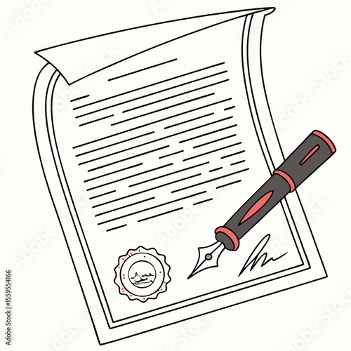 A detailed illustration of a formal document with a wax seal and a fountain pen poised to sign representing legal agreements and official endorsements