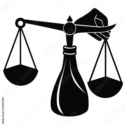 Silhouette of a hand holding balanced scales and a bag of money, symbolizing justice, fairness, and financial balance in a clean, minimal black design.
