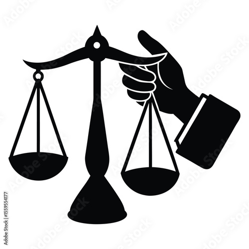 Silhouette of a hand holding balanced scales and a bag of money, symbolizing justice, fairness, and financial balance in a clean, minimal black design.

