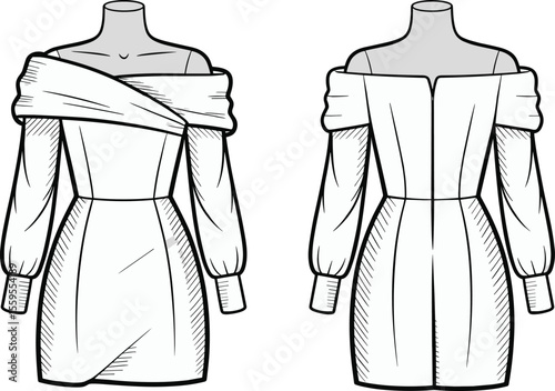 Off shoulder long sleeve mini dress flat sketch, stylish bodycon dress technical fashion design front and back vector illustration flat vector illustration