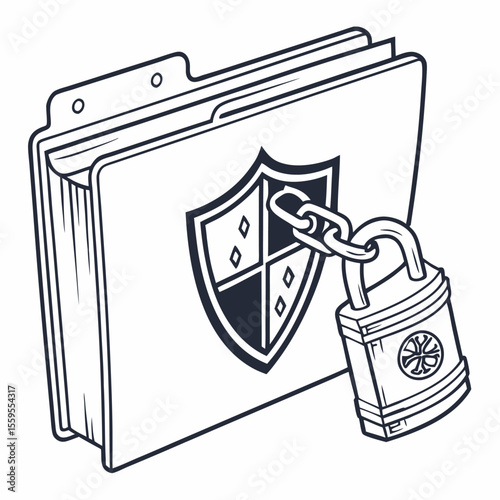 Secure document folder with a shield emblem locked by a chain and padlock symbolizing data protection and privacy in a digital world