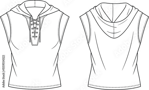 Sleeveless lace-up hoodie top flat sketch front and back technical drawing for fashion design, streetwear, casual wear, and illustration

 flat vector illustration