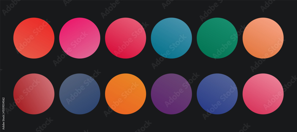 Vector gradient circles. Trendy modern vivid color set. Website, UI and UX design, social media templates round gradient buttons pack. Soft retro futuristic vibrant glowing buttons, highlight covers