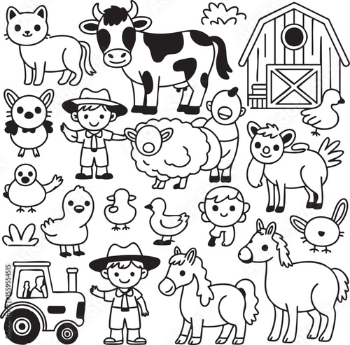 Cute hand drawn farm animals and characters with barn and tractor in black and white outline style