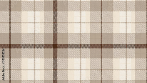 A layered plaid pattern with thick dark brown lines creating a grid, filled with lighter squares of beige and tan. Textured like woven textile, with a soft and muted color palette.
