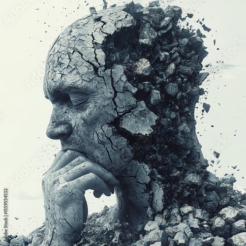 Severe headache and migraine pain, man with painful grimace with head made of stone crumbling, generative ai  high resolution   for isolate image