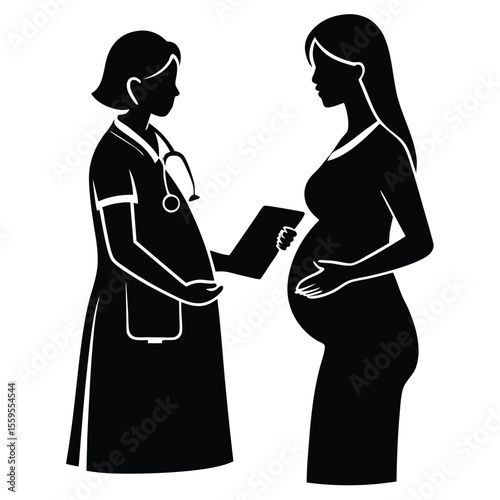 Silhouette of a pregnant woman sitting on an exam bed while a doctor checks her belly, symbolizing prenatal care, health checkups, and maternity support.
