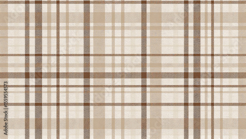 A layered plaid pattern with thick dark brown lines creating a grid, filled with lighter squares of beige and tan. Textured like woven textile, with a soft and muted color palette.