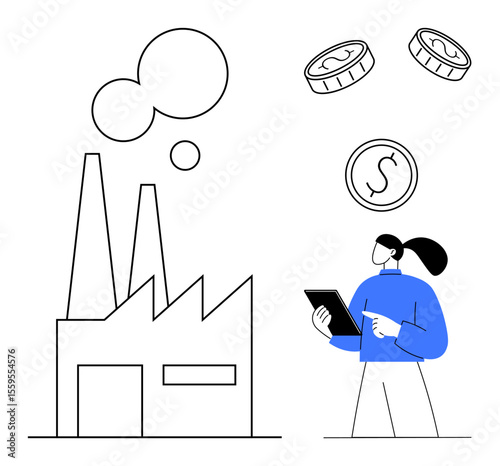 Factory building with chimneys emitting steam, worker using a tablet, and coins showing financial progress. Ideal for manufacturing, economy, finance, industry, technology, investment simple landing